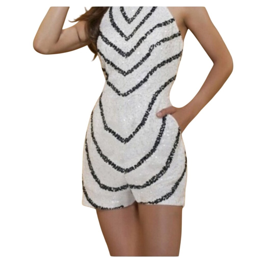 White Sequin Halter Romper with Black Chevron Stripes
